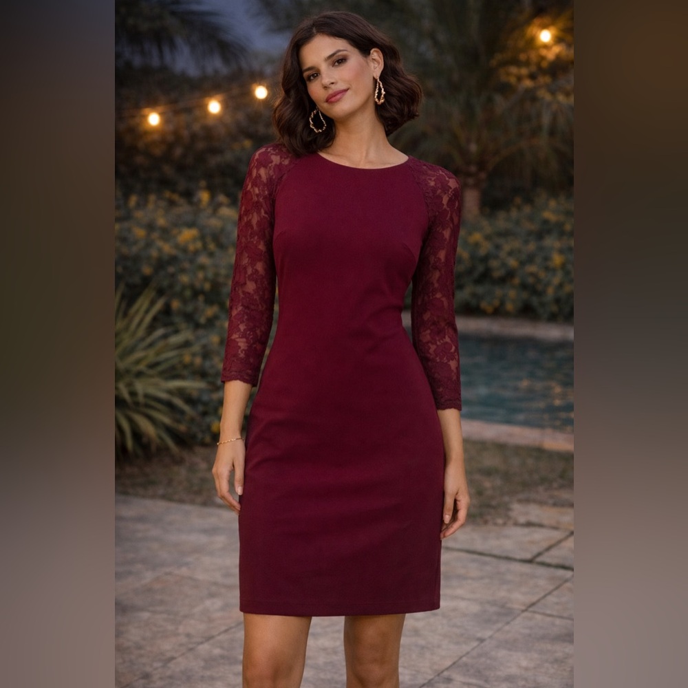 Women's Burgundy Lace-Sleeve Fitted Sheath Dress